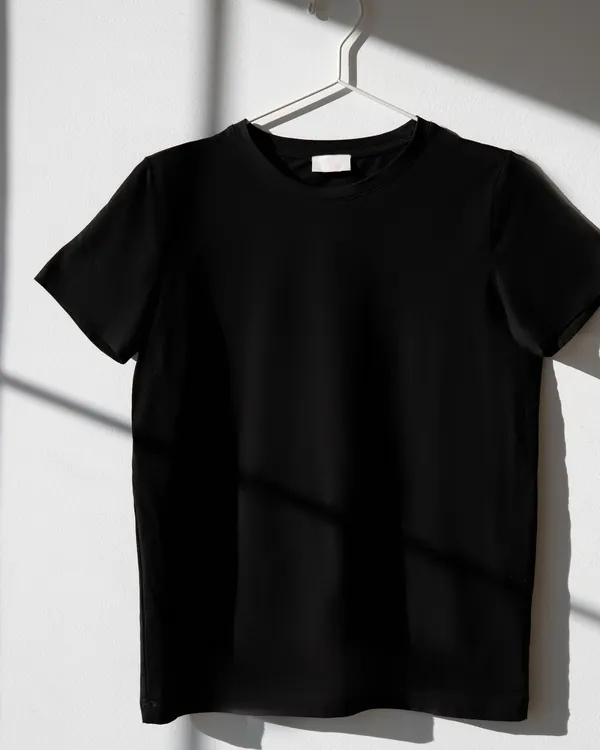 Plain black t-shirt on a white hanger against a white wall with window shadows